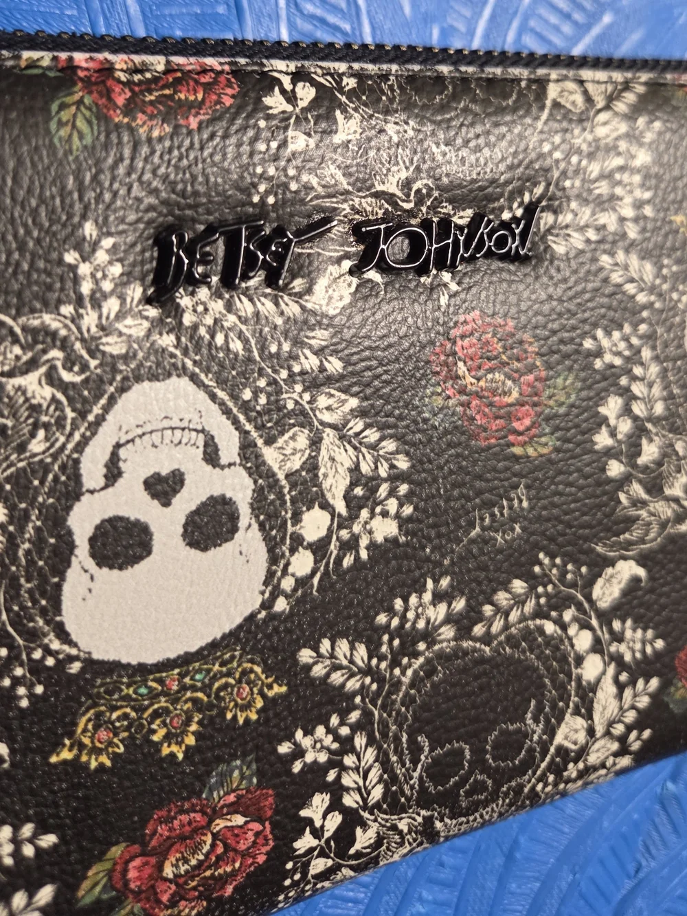 Betsey Johnson Black Floral & Skull Wristlet